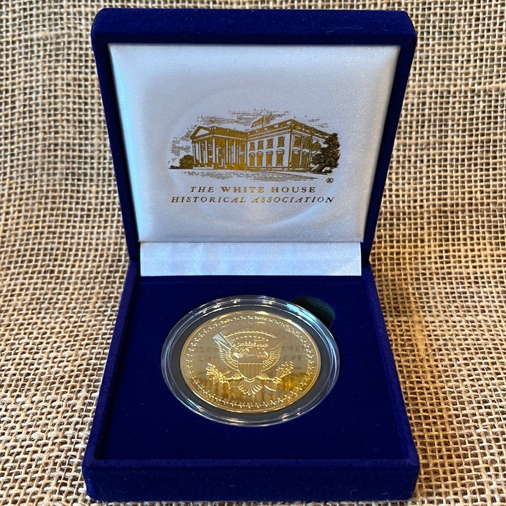 The White House Historical Association Golden Coin in Blue Velvet Box